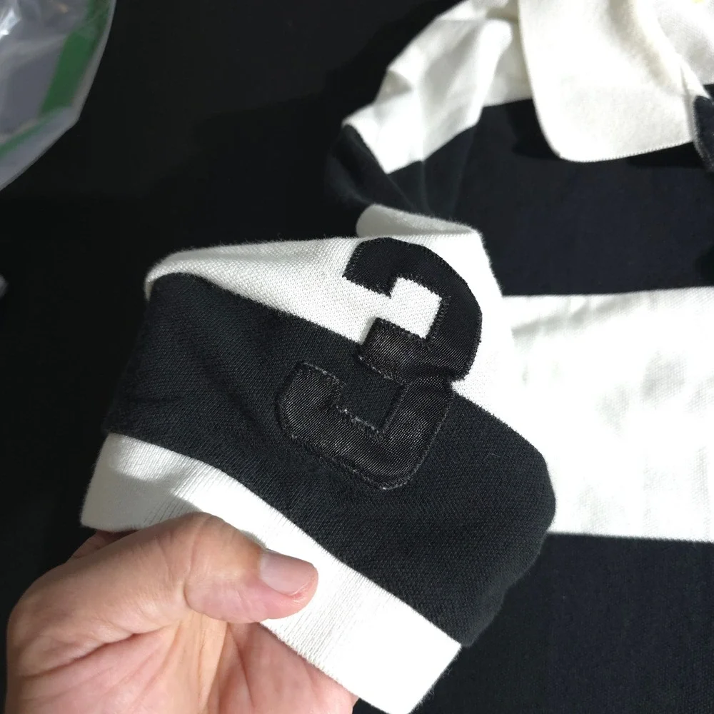 Polo Ralph Lauren Shirt Mens L Black White Striped Crest Logo‎ Short Sleeve Pony